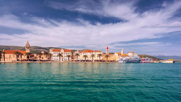 View at town Trogir, old touristic place in Croatia Europe. Trogir town coastal view. Magnificent Trogir, Croatia. Sunny old Venetian town, Dalmatian Coast in Croatia.