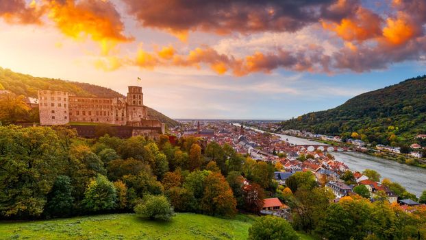 Heidelberg skyline aerial view from above. Heidelberg skyline aerial view of old town river and bridge, Germany. Aerial View of Heidelberg, Germany Old Town. Video of the aerial view of Heidelberg.