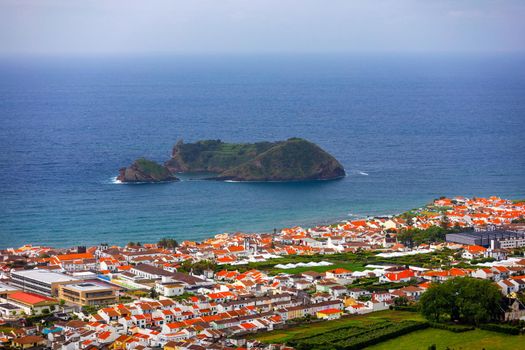 Island of Vila Franca do Campo from the chapel of Nossa Senhora da Page. San Miguel Island, Portugal. Travel to the Azores. Island of Vila Franca do Campo near San Miguel island, Azores, Portugal.