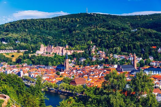 Heidelberg skyline aerial view from above. Heidelberg skyline aerial view of old town river and bridge, Germany. Aerial View of Heidelberg, Germany Old Town. Video of the aerial view of Heidelberg.