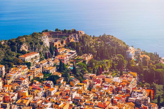 Ruins of Ancient Greek theater in Taormina, Sicily, Italy. Taormina located in Metropolitan City of Messina, on east coast of island of Sicily. 