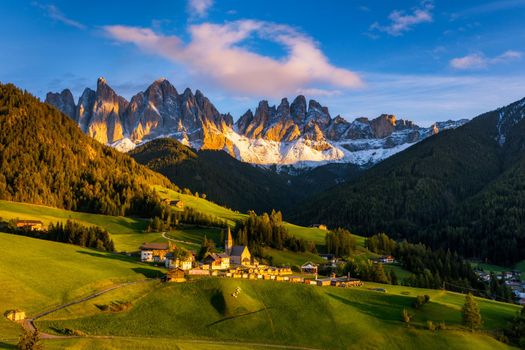 Santa Maddalena (Santa Magdalena) village with magical Dolomites mountains in autumn, Val di Funes valley, Trentino Alto Adige region, South Tyrol, Italy, Europe. Santa Maddalena Village, Italy. 