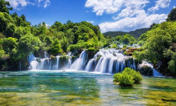 View of Krka National Park, Croatia, Europe. Splendid summer view of Krka waterfalls. Fantastic scene of Krka National Park, Croatia, Europe. 
