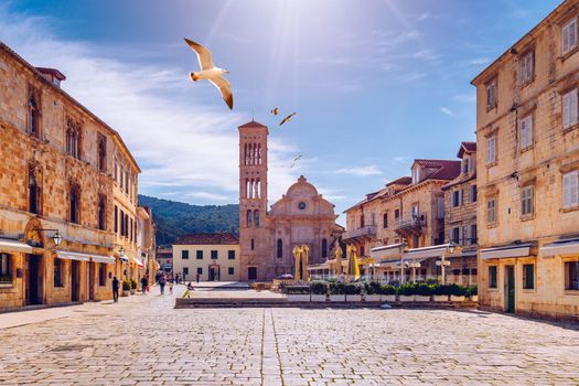 Main square in old medieval town Hvar with seagull's flying over. Hvar is one of most popular tourist destinations in Croatia in summer. Central Pjaca square of Hvar town, Dalmatia, Croatia. 