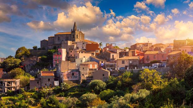 Scenic view in Forza d`Agro, picturesque town in the Province of Messina, Sicily, southern Italy. Forza d'Agro, Sicilian historical city on the rock over Ionian sea, Italy.