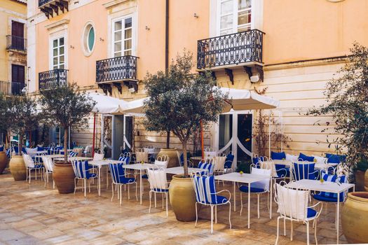 Siracusa, Ortigia Island, Sicily, Italy. Isola di Ortigia, coast of Ortigia island at city of Syracuse, Sicily, Italy. Coastline town Syracuse, Sicily and old Ortigia island.