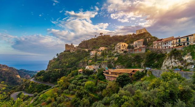 Savoca village in Sicily, Italy. Sicilian village Savoca. Houses on a hill in Savoca, small town on Sicily in Italy.