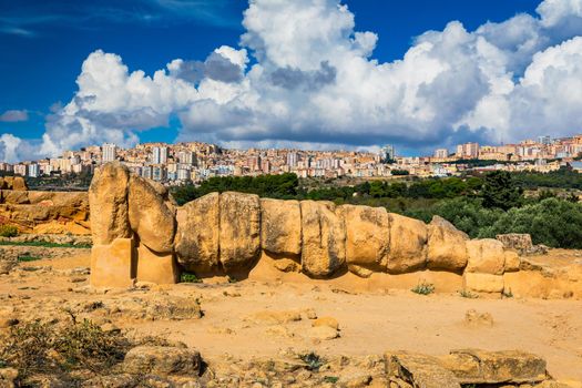 Spectacular scenic view of Agrigento and the secular Greek ruins from the Valley of the temples in Sicily
