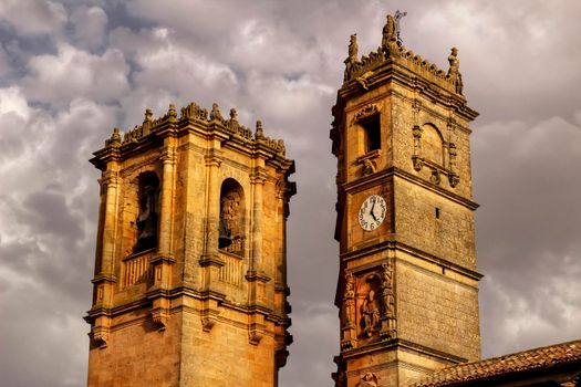 Renaissance square in Alcaraz called Plaza Mayor with the Tardon and the Trinidad Towers.