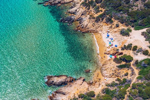 Panorama of the wonderful beaches of Chia, Sardinia, Italy. View of beautiful Chia bay and wonderful beaches, Sardinia island, Italy. Beautiful sea and bay on Su Guideu beach, Sardinia island, Italy