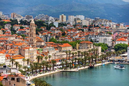 Split, Croatia (region of Dalmatia). UNESCO World Heritage Site. View of Split city, Diocletian Palace and Mosor mountains in background. Split panoramic view of town, Dalmatia, Croatia.