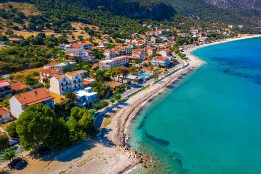 Aerial view of city of Poros, Kefalonia island in Greece. Poros city in middle of the day. Cephalonia or Kefalonia island, Ionian Sea, Greece. Poros village, Kefalonia island, Ionian islands, Greece.