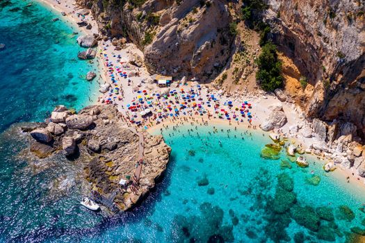 Cala Mariolu view from above. Cala Mariolu famous beach. Italy Sardinia Nuoro province National Park of the Bay of Orosei and Gennargentu Cala Mariolu listed as World Heritage. Sardinia, Italy.