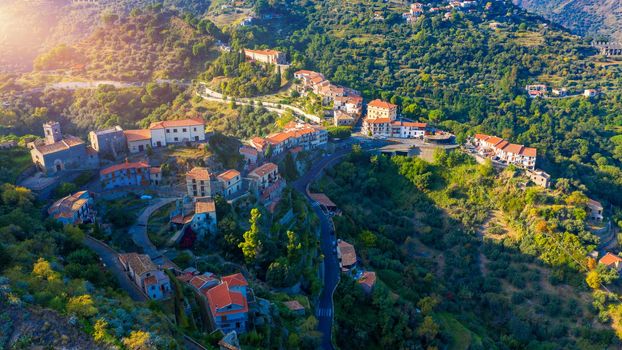 Aerial view of Savoca village in Sicily, Italy. Sicilian village Savoca (known from the Godfather movies). Houses on a hill in Savoca, small town on Sicily in Italy.