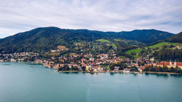Tegernsee, Germany. Lake Tegernsee in Rottach-Egern (Bavaria), Germany near the Austrian border. Aerial view of the lake "Tegernsee" in the Alps of Bavaria. Bad Wiessee. Tegernsee lake in Bavaria. 