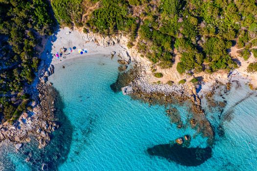 Panoramic view of sandy beach and sea with azure water, in Villasimius, Sardinia (Sardegna) island, Italy. Holidays, the best beaches in Sardinia. Porto Giunco beach, Villasimius, Sardinia.