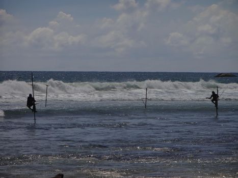 Stilt fishermen near the city of Galle, Sri Lanka.