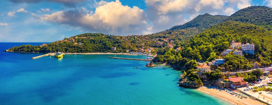 Aerial view of city of Poros, Kefalonia island in Greece. Poros city in middle of the day. Cephalonia or Kefalonia island, Ionian Sea, Greece. Poros village, Kefalonia island, Ionian islands, Greece.