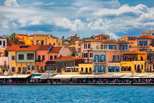 View of old port of Chania. Landmarks of Crete island. Greece. Bay of Chania at sunny summer day, Crete Greece. View of the old port of Chania, Crete, Greece. The port of chania, or Hania. 
