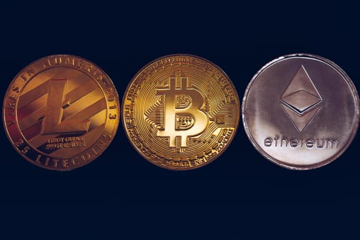Set of cryptocurrencies with Bitcoin, Etherium, Ripple, Litecoin. Cryptocurrencys new digital money. Bitcoin on the front as the leader. Bitcoin as most important cryptocurrency.