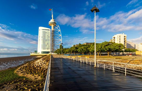 Vasco da Gama Tower in the Park of Nations. Vasco da Gama tower built for the Expo '98 (1998 Lisbon World Exposition) in Lisbon, Portugal. 