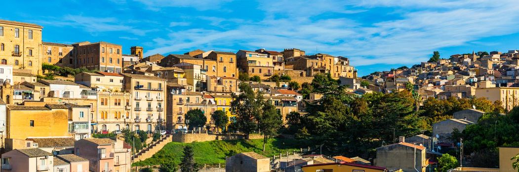 Piazza Armerina in the Enna province of Sicily in Italy. Piazza Armerina cityscape with the Cathedral SS. Assunta and old town, Sicily, Piazza Armerina, Province of Enna, Sicily, Italy, Europe.