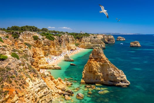 Praia da Marinha, beautiful beach Marinha in Algarve, Portugal. Navy Beach (Praia da Marinha) with flying seagulls over the beach, located on the Atlantic coast in Lagoa Municipality, Algarve.