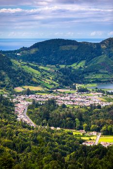 Beautiful view of Seven Cities Lake "Lagoa das Sete Cidades" from Vista do Rei viewpoint in São Miguel Island, Azores, Portugal. Lagoon of the Seven Cities, Sao Miguel island, Azores, Portugal.