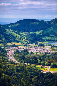 Traditional houses, Sete Cidades, Sao Miguel Island, Azores. Beautiful view of Sete Cidades village in Sao Miguel Island, Azores, Portugal. 