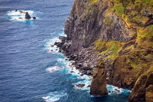 Azores panoramic view of natural landscape, wonderful scenic island of Portugal. Beautiful lagoons in volcanic craters and green fields. Tourist attraction and travel destination. Azores, Portugal.