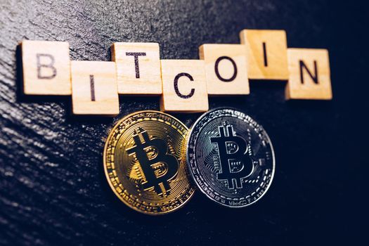 Bitcoin cryptocurrency (crypto currency). Silver Bitcoin and golden Bitcoin symbol. Bitcoin (BTC) cryptocurrency.