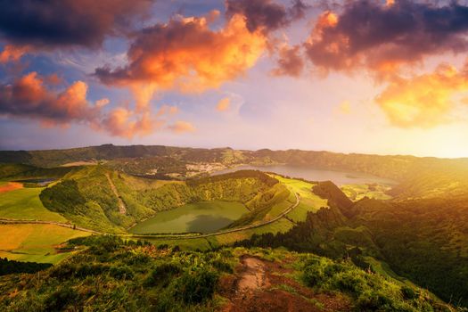 View of Sete Cidades near Miradouro da Grota do Inferno viewpoint, Sao Miguel Island, Azores, Portugal. Grota do Inferno viewpoint at Sete Cidades on Sao Miguel Island, Azores, Portugal.