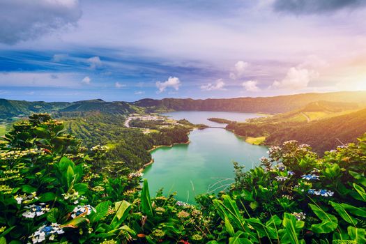 Beautiful view of Seven Cities Lake "Lagoa das Sete Cidades" from Vista do Rei viewpoint in São Miguel Island, Azores, Portugal. Lagoon of the Seven Cities, Sao Miguel island, Azores, Portugal.