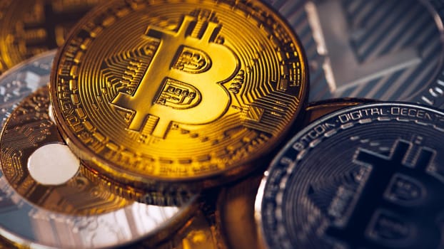 Crypto currency coin set collection, bitcoin, ethereum, litecoin, ripple. Digital currency. Cryptocurrency. Silver and golden coins with bitcoin, ripple, litecoin and ethereum symbol.