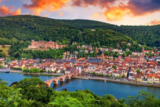 Landmark and beautiful Heidelberg town with Neckar river, Germany. Heidelberg town with the famous Karl Theodor old bridge and Heidelberg castle, Heidelberg, Germany. 