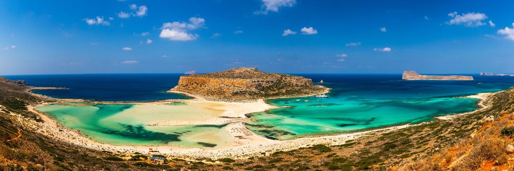 Amazing beach with turquoise water at Balos Lagoon and Gramvousa in Crete, Greece. Cap tigani in the center. Balos beach on Crete island, Greece. Landscape of Balos beach at Crete island in Greece.