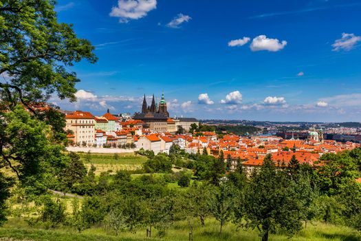 Prague Castle and Lesser Town panorama. View from Petrin Hill. Prague, Czech Republic. Spring Prague panorama from Prague Hill with Prague Castle, Vltava river and historical architecture. Czechia.