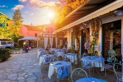 Fiskardo village, Kefalonia island, Greece. Fiscardo on the Island of Kefalonia in Greece. The holiday destination. Beautiful narrow streets in Fiskardo, Kefalonia, Greece