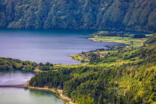Traditional houses, Sete Cidades, Sao Miguel Island, Azores. Beautiful view of Sete Cidades village in Sao Miguel Island, Azores, Portugal. 