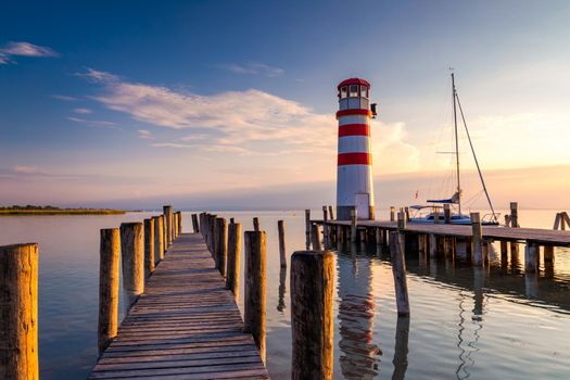 Lighthouse at Lake Neusiedl at sunset near Podersdorf, Burgenland, Austria