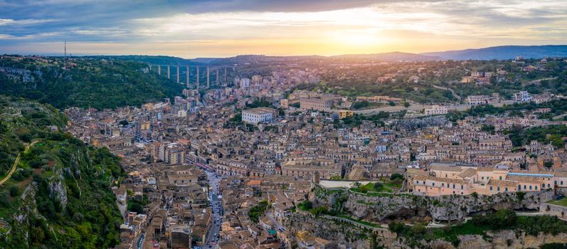 Aerial view of Modica, Sicily, Italy. Modica (Ragusa Province), view of the baroque town. Sicily, Italy. Ancient city Modica from above, Sicily, Italy