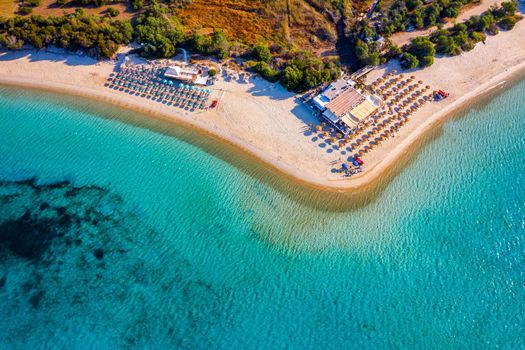Aerial shot of Tuerredda beach on a beautiful day, Sardinia, Italy. Aerial drone view of Tuerredda in Sardegna. Famous Tuerredda beach on the south of Sardinia near Teulada. Sardinia, Italy.