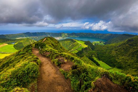View of Sete Cidades near Miradouro da Grota do Inferno viewpoint, Sao Miguel Island, Azores, Portugal. Grota do Inferno viewpoint at Sete Cidades on Sao Miguel Island, Azores, Portugal.