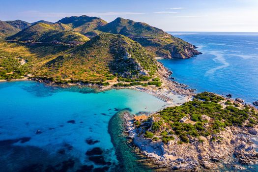 Cost of Sardinia: Peninsula of Punta Molentis. View of beautiful beach at Punta Molentis, Villasimius, Sardinia, Italy. Beautiful bay with sandy beach at Punta Molentis, Sardinia island, Italy.