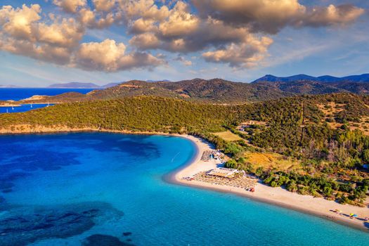 Aerial shot of Tuerredda beach on a beautiful day, Sardinia, Italy. Aerial drone view of Tuerredda in Sardegna. Famous Tuerredda beach on the south of Sardinia near Teulada. Sardinia, Italy.