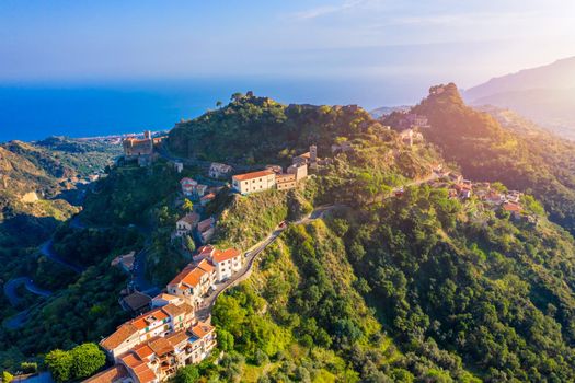Aerial view of Savoca village in Sicily, Italy. Sicilian village Savoca (known from the Godfather movies). Houses on a hill in Savoca, small town on Sicily in Italy.
