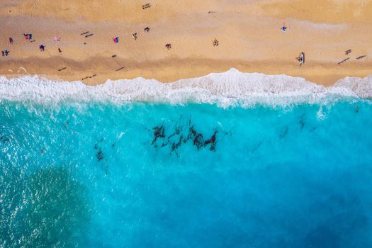 Aerial drone view of iconic turquoise and sapphire bay and beach of Myrtos, Kefalonia (Cephalonia) island, Ionian, Greece. Myrtos beach, Kefalonia island, Greece. Beautiful view of Myrtos beach.