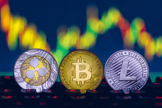 Crypto currency coin set collection, bitcoin, ethereum, litecoin, ripple. Digital currency. Cryptocurrency. Silver and golden coins with bitcoin, ripple, litecoin and ethereum symbol.