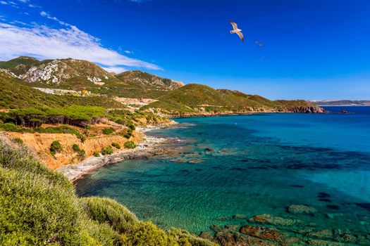 Spiaggia di Bega sa Canna (Porto Flavia) beach close to Porto Flavia, Sardinia, Italy. 