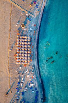 Aerial view of beautiful tropical Elafonissi Beach with pink sand. View of a nice tropical Elafonissi beach from the air. Beautiful sky, sea, resort. Elafonissi beach, Crete, Greece.